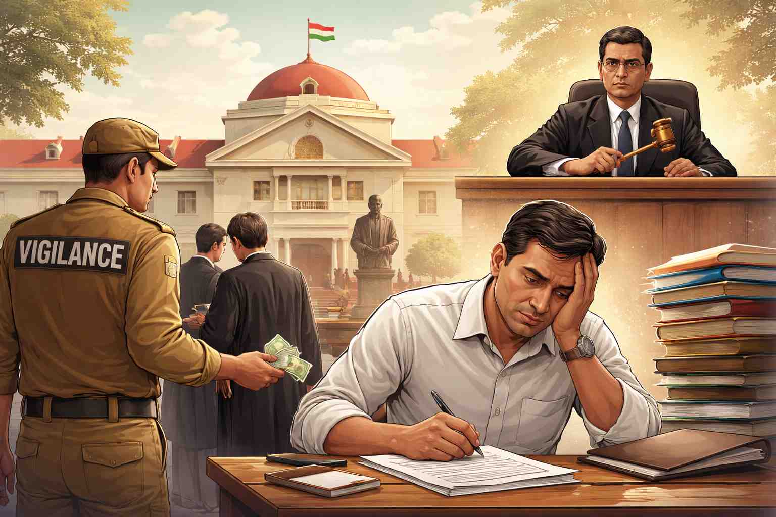 Illustration showing a vigilance officer and a government employee outside Patna High Court during a corruption inquiry case.