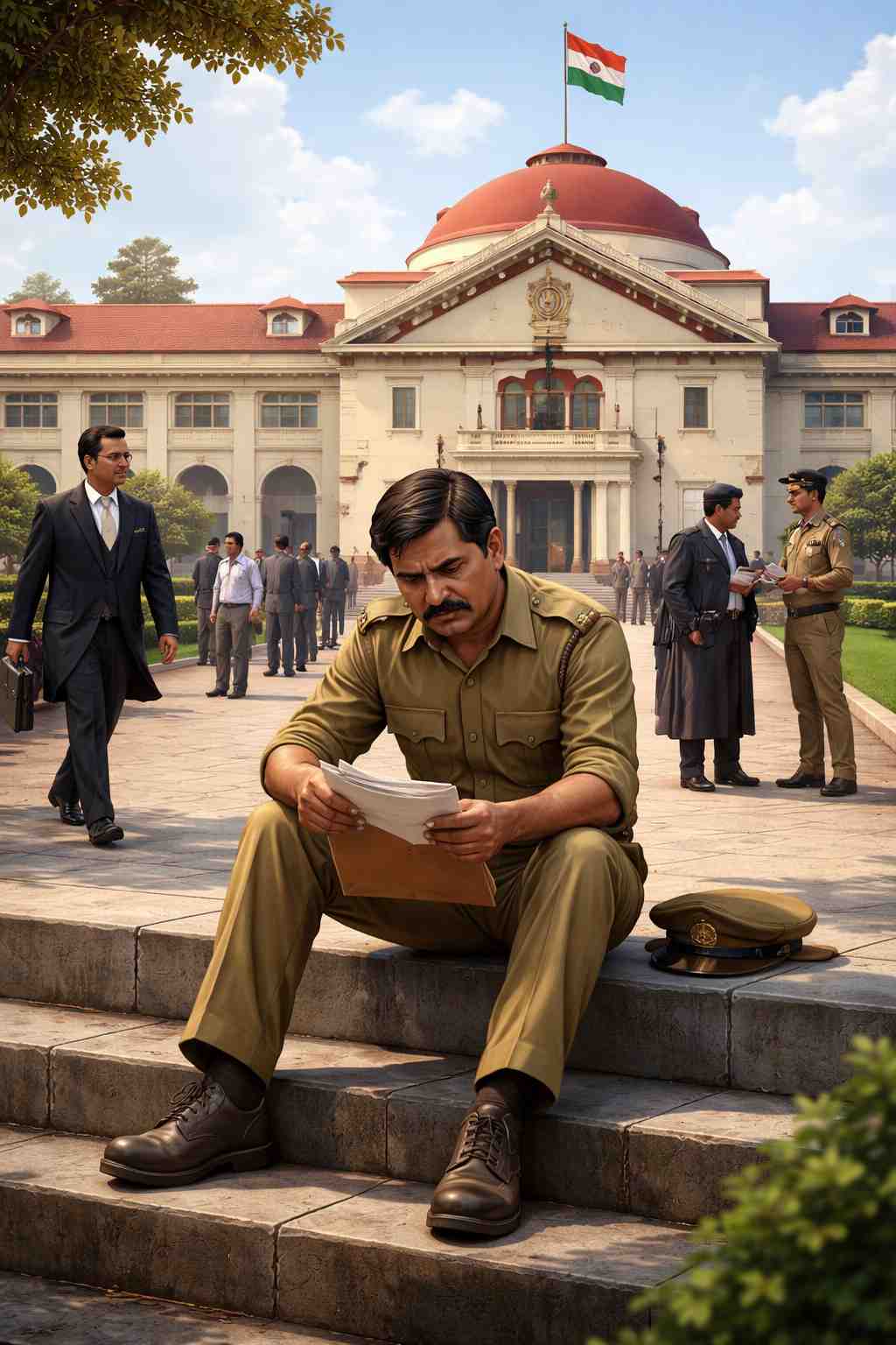 Illustration of a dismissed police constable outside Patna High Court, reflecting delay in reinstatement dispute.