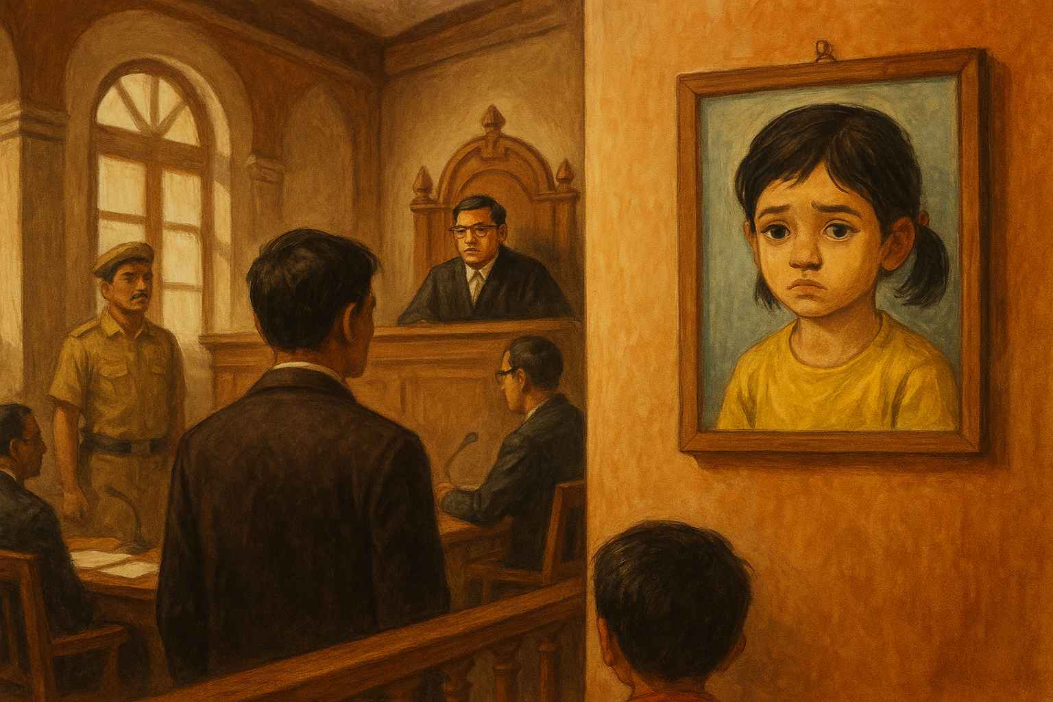 Courtroom painting showing a worried father before a judge, symbolizing Patna High Court’s order transferring a child kidnapping case to CBI due to police inaction.