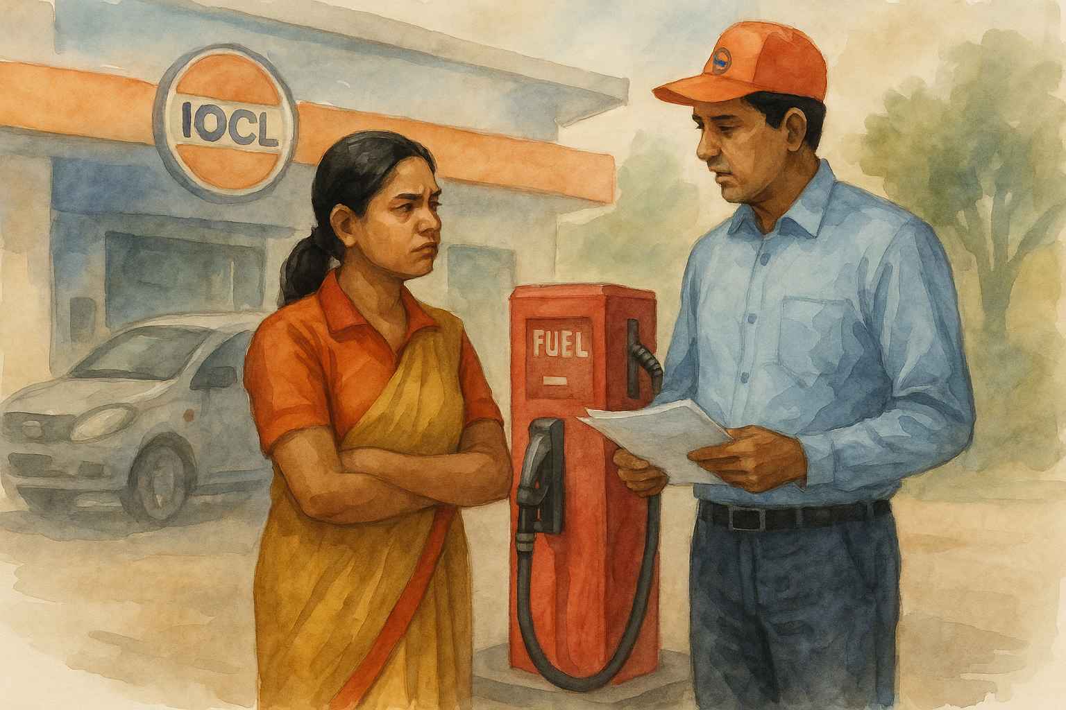 Watercolor illustration showing an Indian woman petrol pump owner discussing documents with an IOCL officer, symbolizing dealership dispute resolved by Patna High Court.