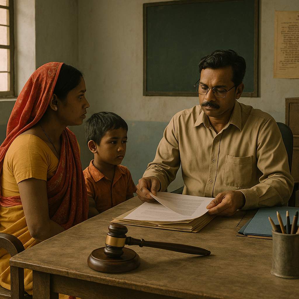 Indian Anganwadi selection dispute showing a woman candidate interacting with government officials for age verification in a rural office.