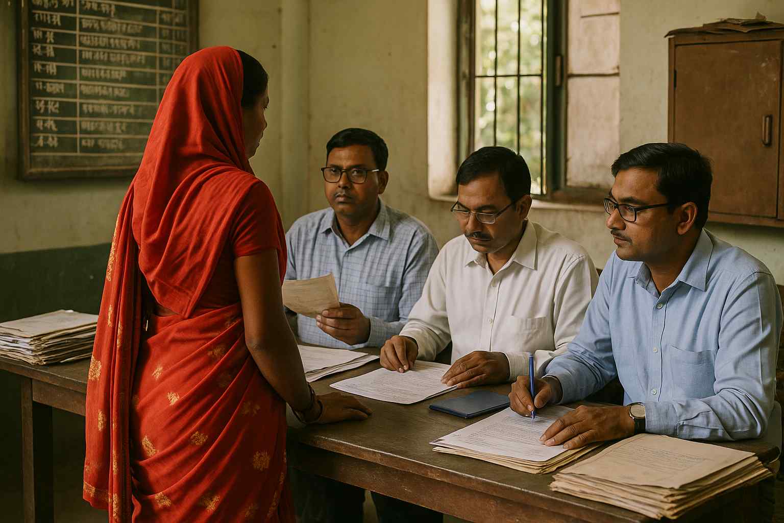 Indian landowner interacting with government officials regarding compensation for commercial land acquired for national highway project.