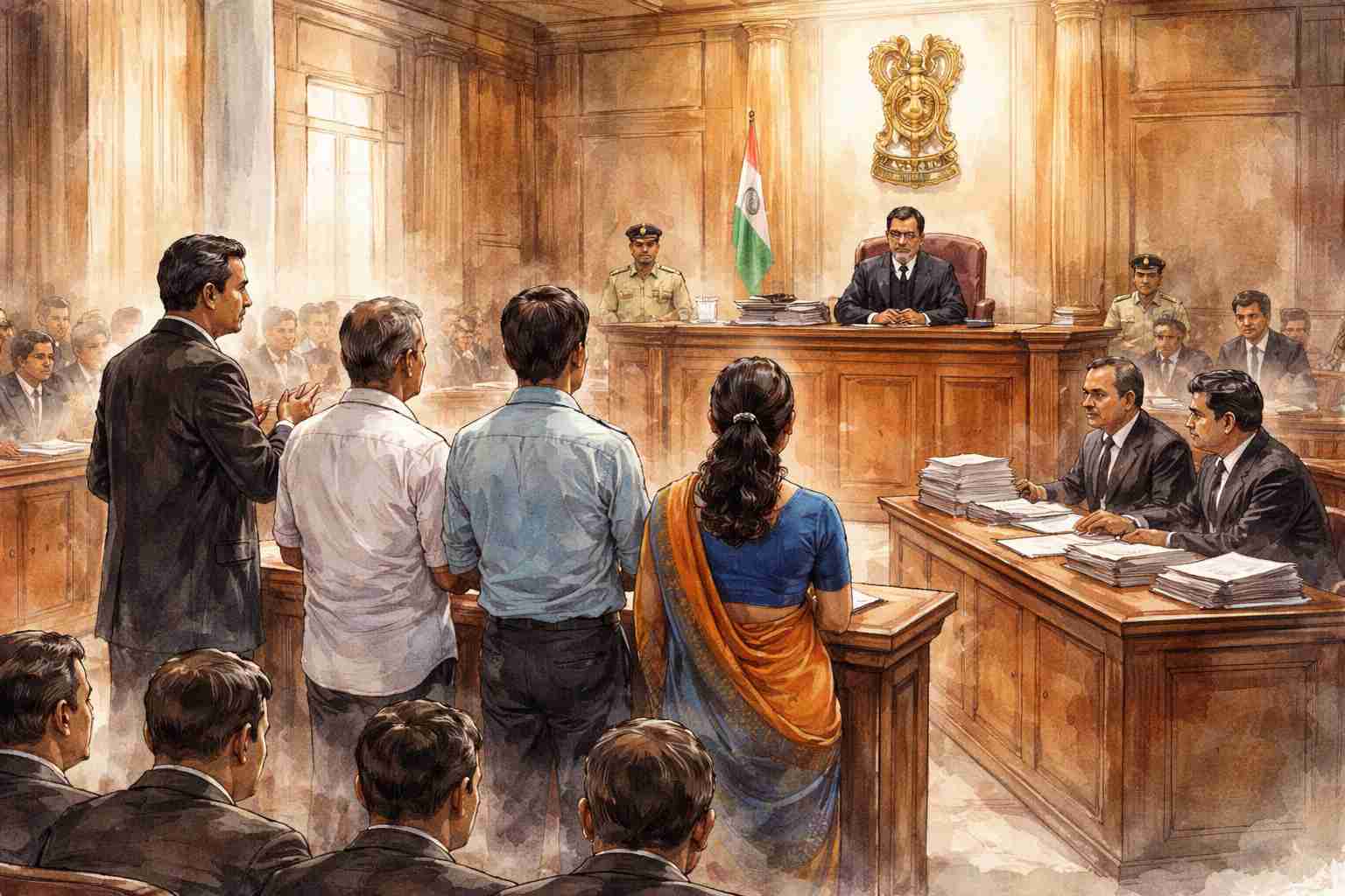 Watercolor illustration of an Indian courtroom during Patna High Court hearing on repeated writ petitions and frivolous litigation.