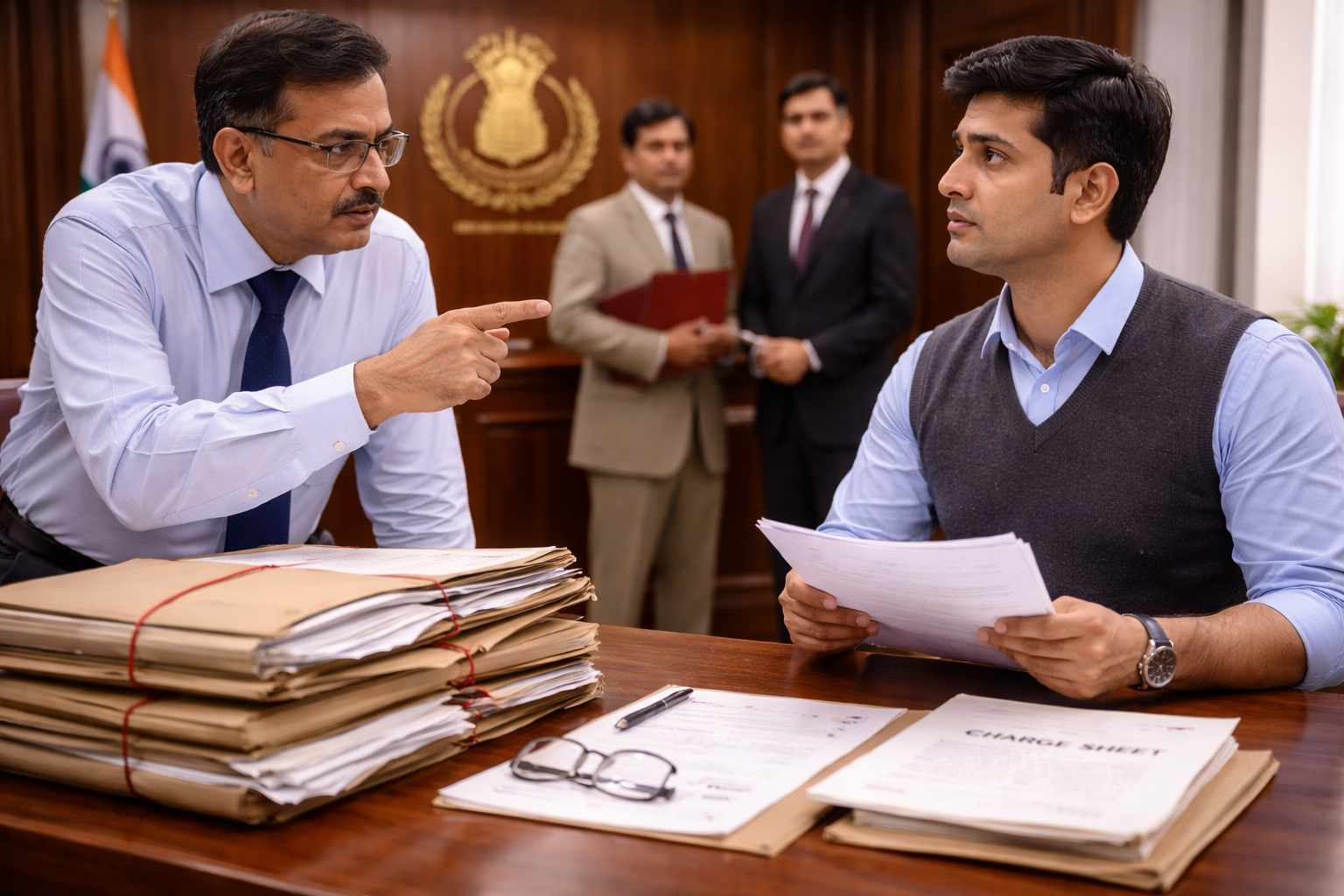 Indian government office disciplinary enquiry scene reflecting Patna High Court ruling on mandatory joint enquiry and witness list under CCS CCA Rules.
