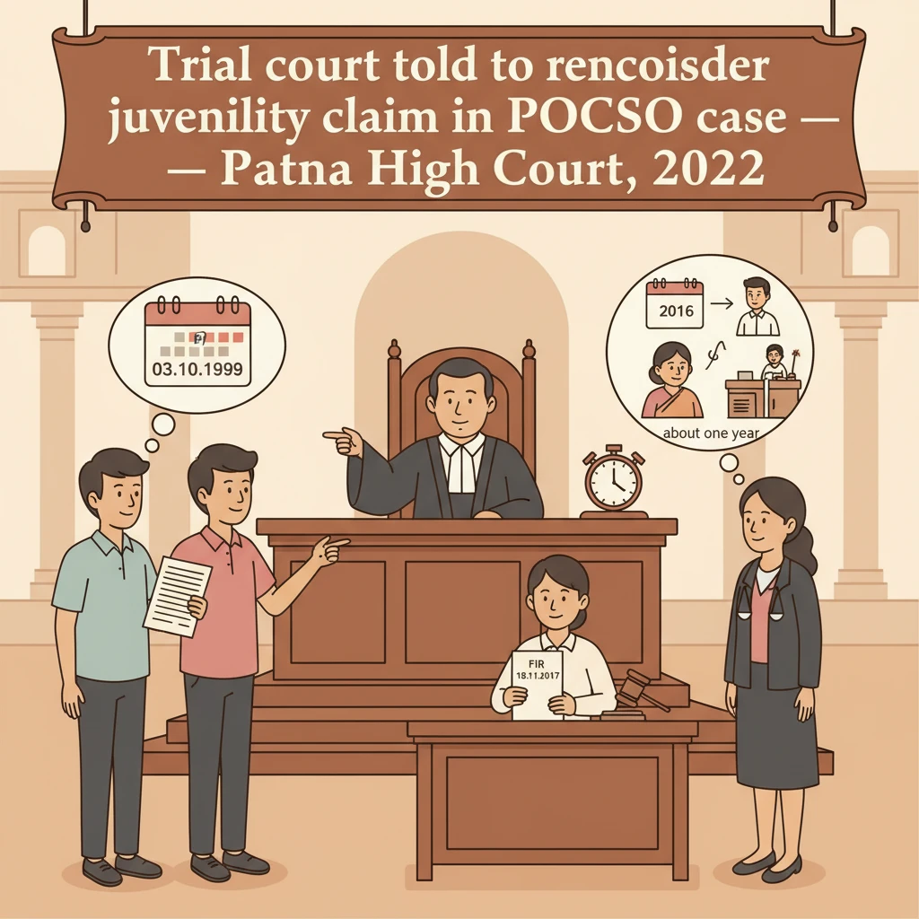 Courtroom illustration showing a juvenility dispute in a Patna High Court POCSO case.