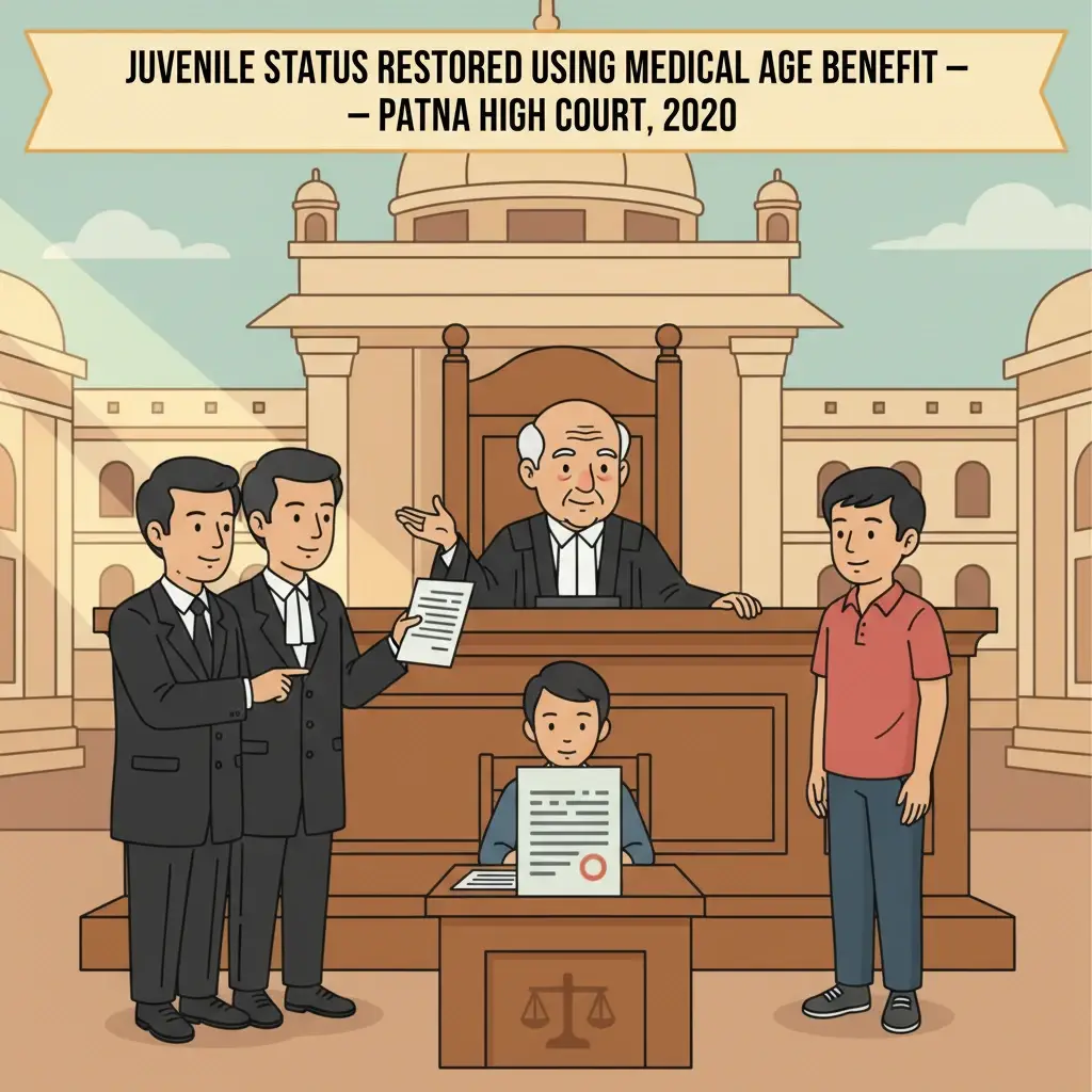 Courtroom illustration highlighting a juvenility dispute before the Patna High Court.