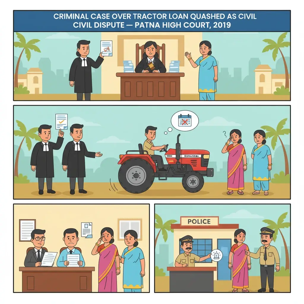 A courtroom scene at Patna High Court depicting a dispute over repossession of a financed tractor.