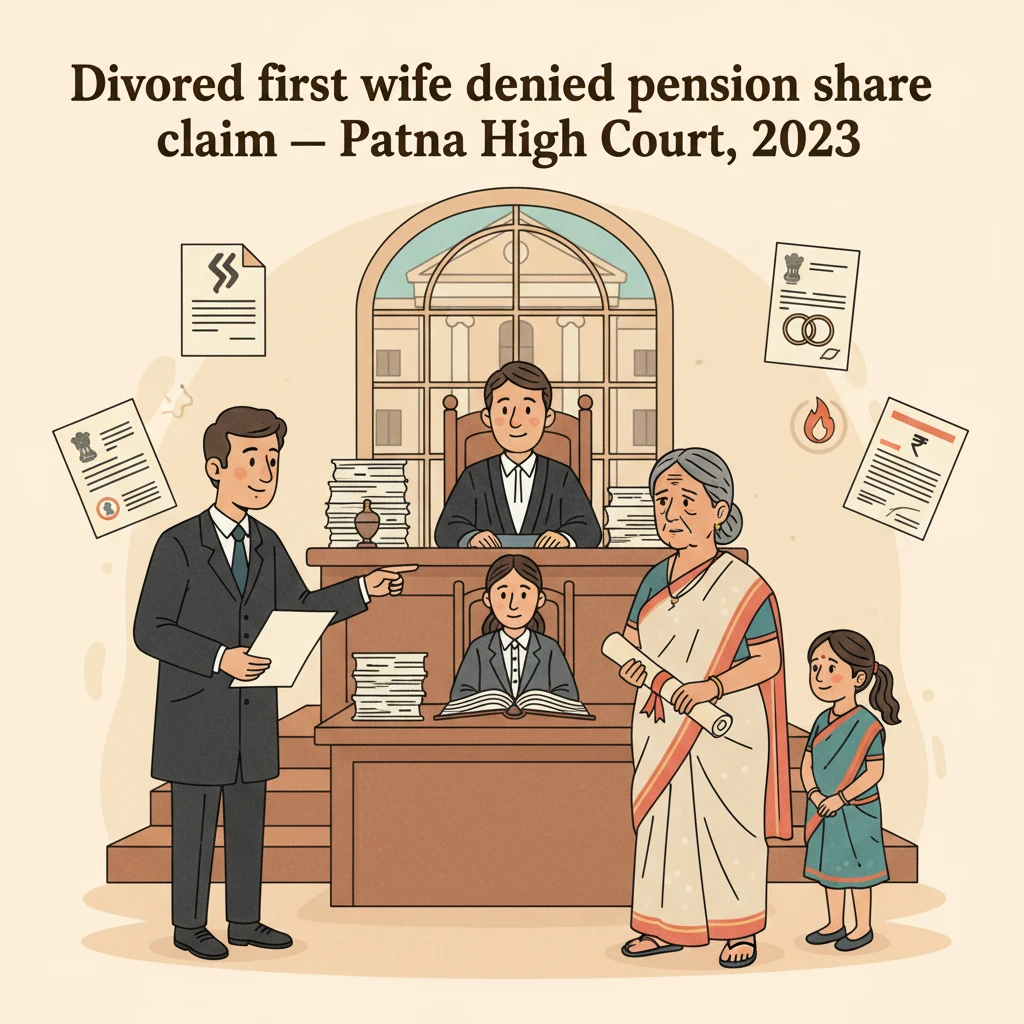 Illustration of Patna High Court building in a dispute over pension benefits between divorced and second wife.