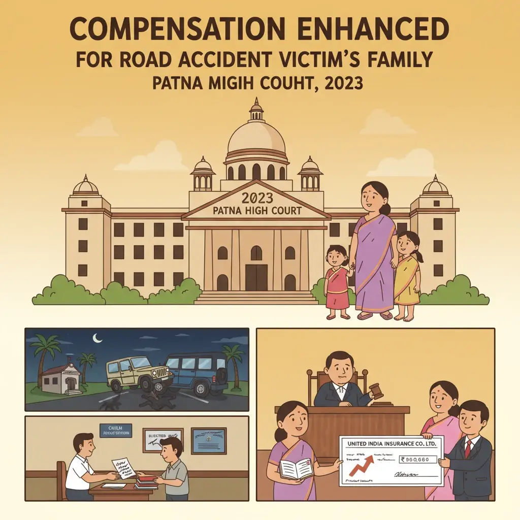 A courtroom-themed illustration symbolising Patna High Court review of motor accident compensation.