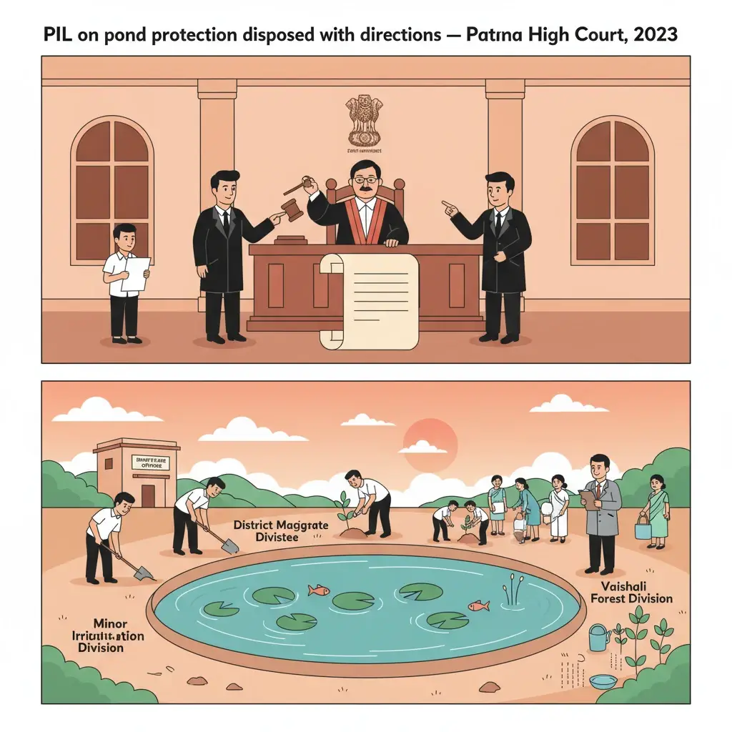 Illustration of a court order guiding renovation and protection of a public pond in Vaishali.