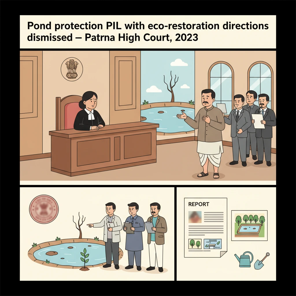 A judicial illustration showing Patna High Court oversight of a public pond’s conservation in Vaishali.
