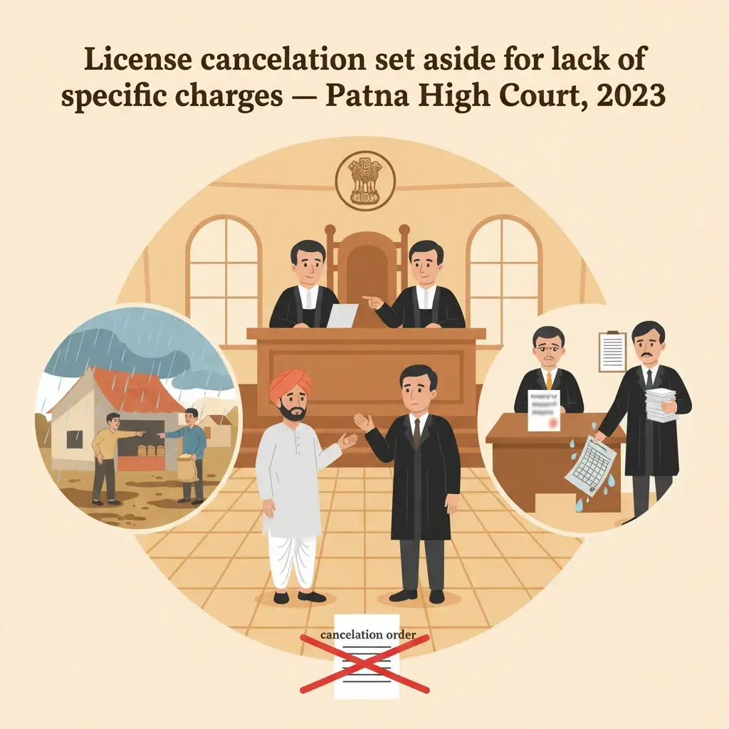 Illustration of Patna High Court overseeing a dispute about a cancelled fair price shop licence.