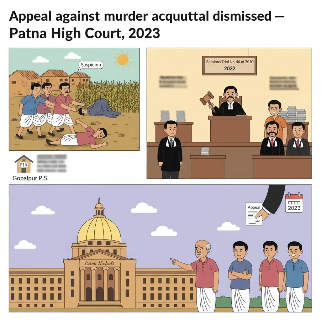 Courtroom scene representing Patna High Court reviewing a murder acquittal on appeal.