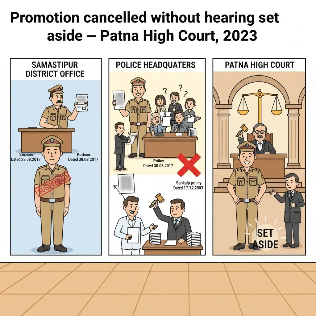 Patna High Court courtroom illustration focusing on a police promotion dispute.