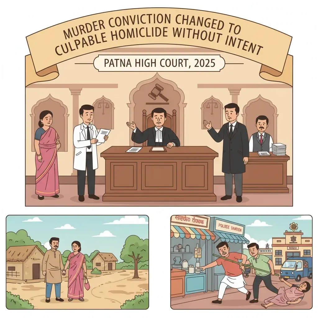 A courtroom scene representing the Patna High Court deciding a village homicide appeal.