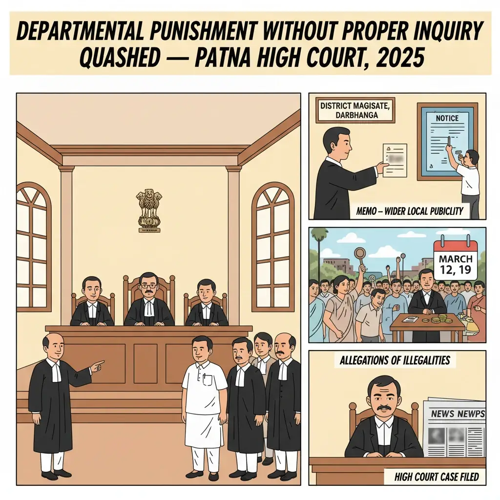 Courtroom scene depicting judicial review of a Bihar government employee’s departmental punishment.