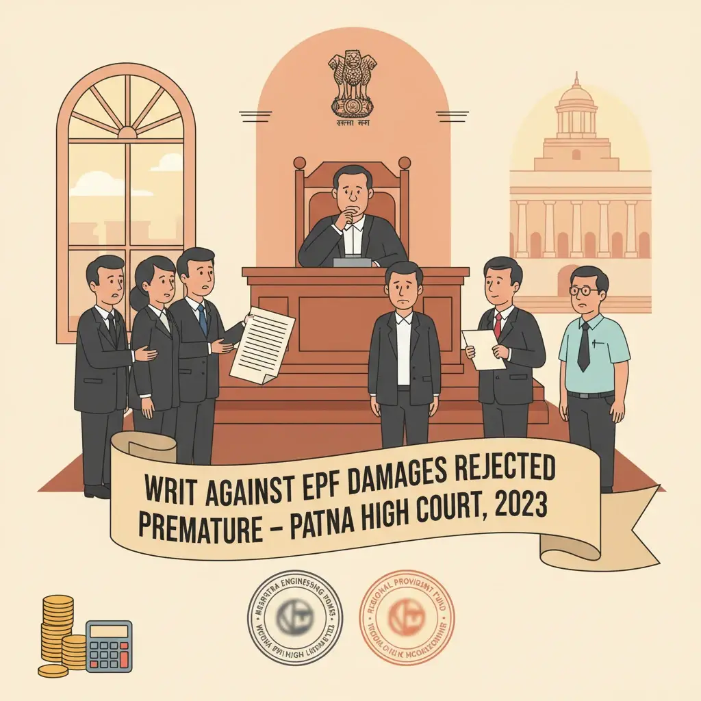 Courtroom scene illustrating Patna High Court hearing on EPF damages dispute.