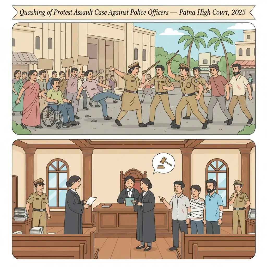 Illustration of Patna High Court examining a protest-related criminal case against police officers.