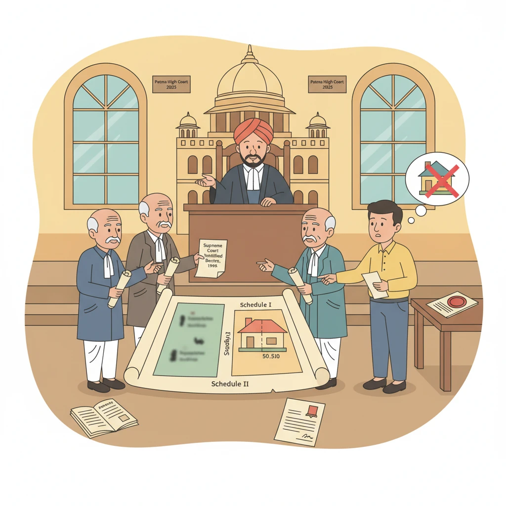 Courtroom illustration showing execution of a family partition decree in Patna.