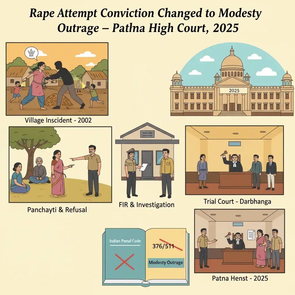 Courtroom illustration of a Patna High Court judge hearing a criminal appeal on sexual offence charges.