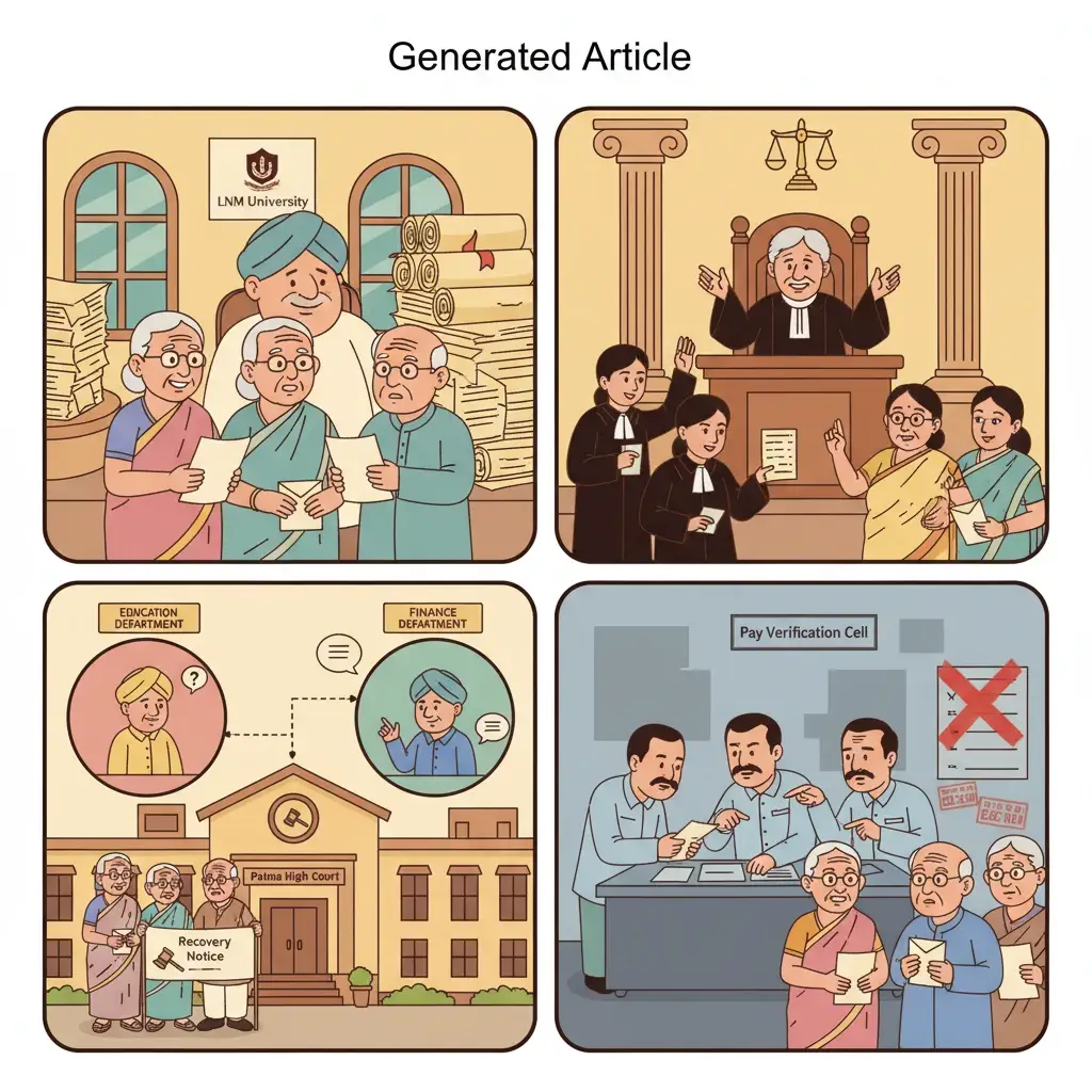 Illustration of Patna High Court hearing on pension and ACP benefits for university staff.