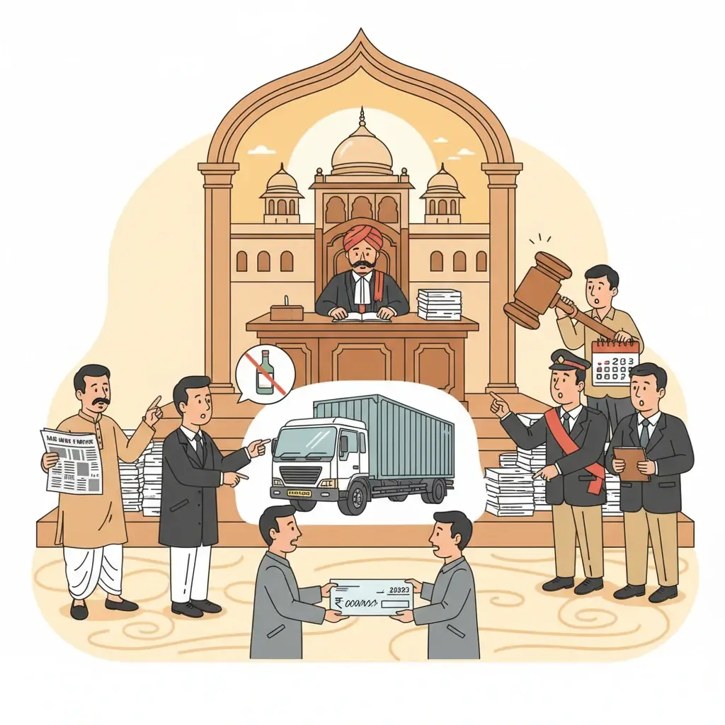 A courtroom scene at Patna High Court showing a dispute over confiscation of a liquor-carrying truck.