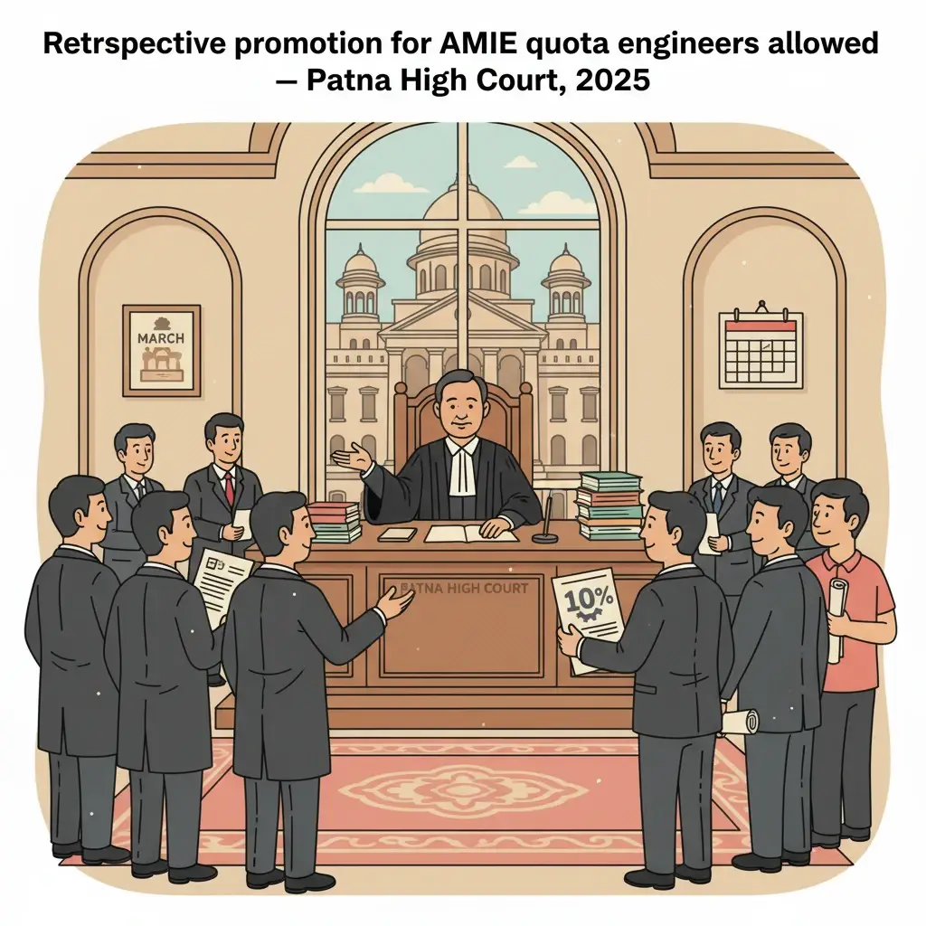 Illustration of Patna High Court building depicting a service promotion dispute for engineers.