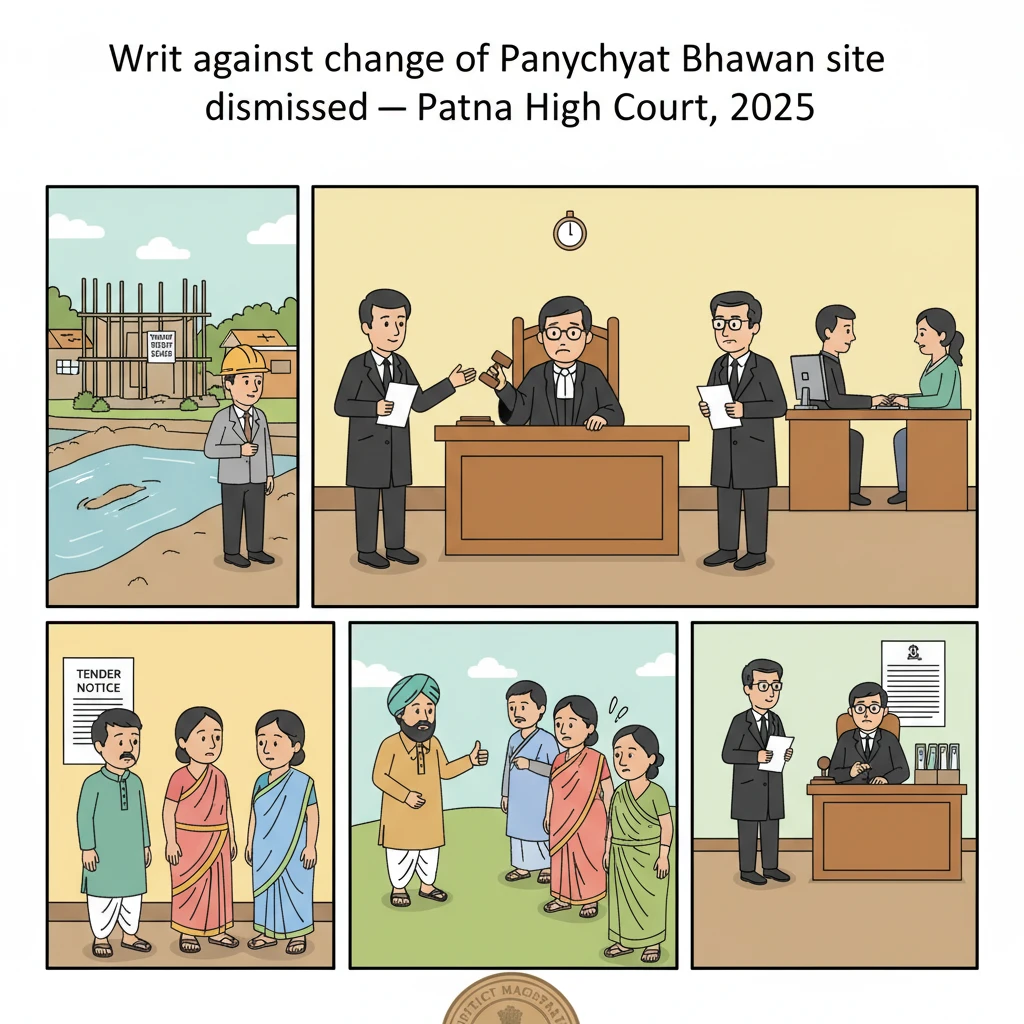 Courtroom illustration of a judge hearing a dispute over Panchayat Sarkar Bhawan land selection.