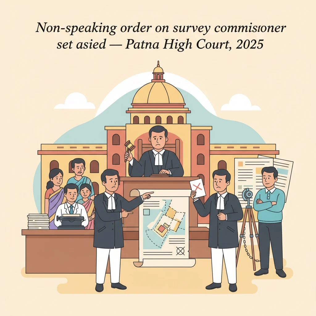 Illustration of a Patna court hearing a land measurement dispute over appointment of a survey commissioner.