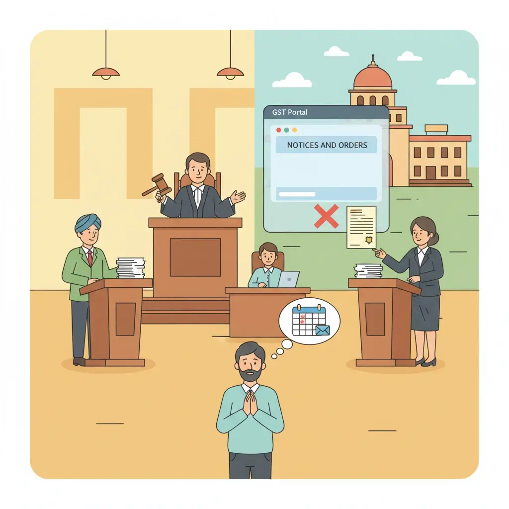 Judges in a courtroom reviewing GST assessment notices served through the online portal