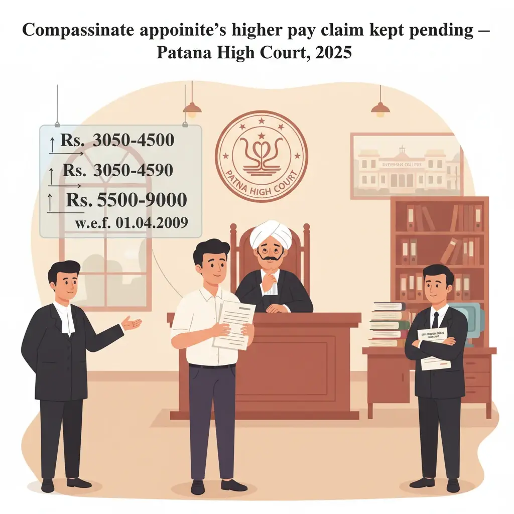 Inside view of a courtroom depicting a pay scale dispute for a compassionate appointee.