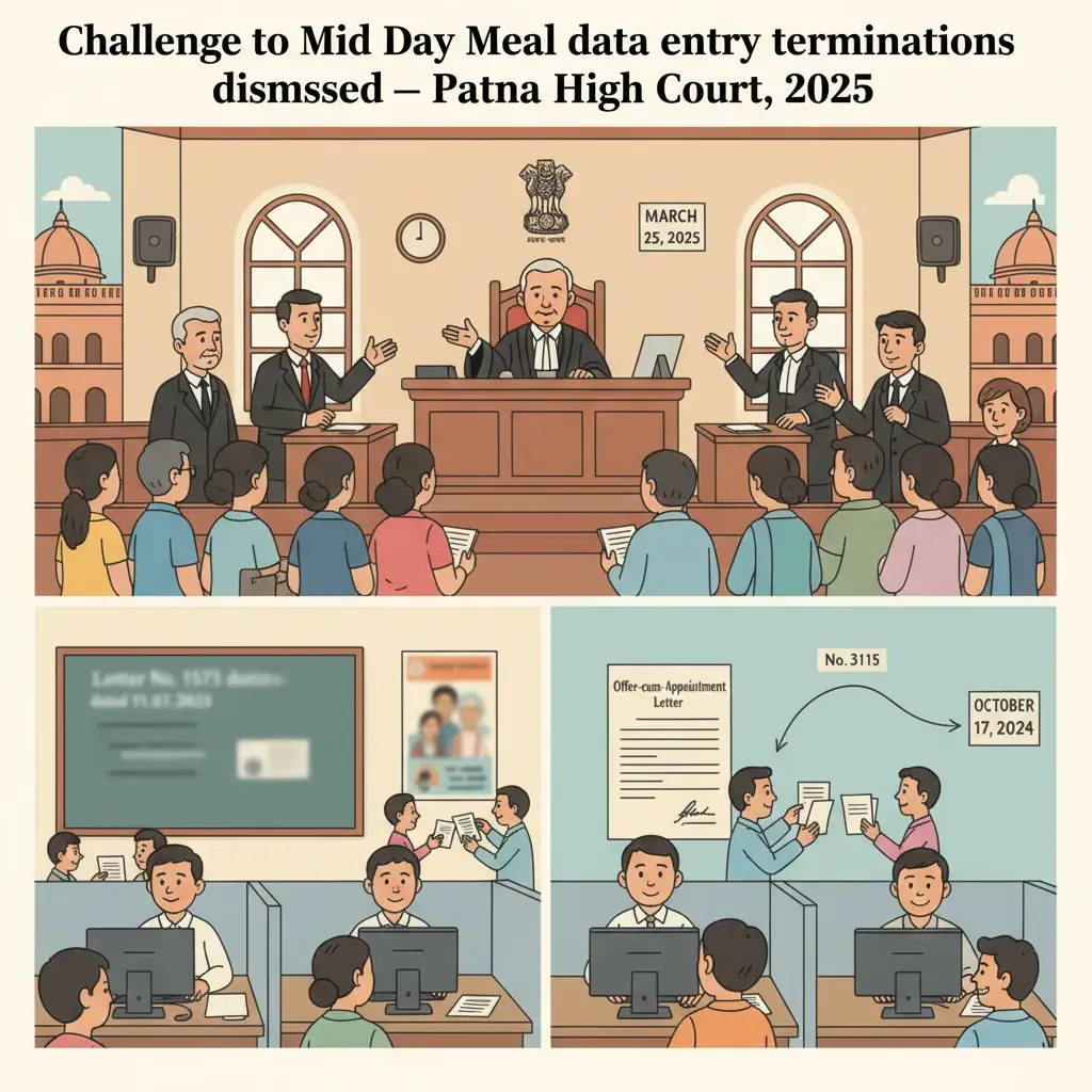 Courtroom illustration showing hearing on termination of Mid Day Meal data entry staff in Bihar.