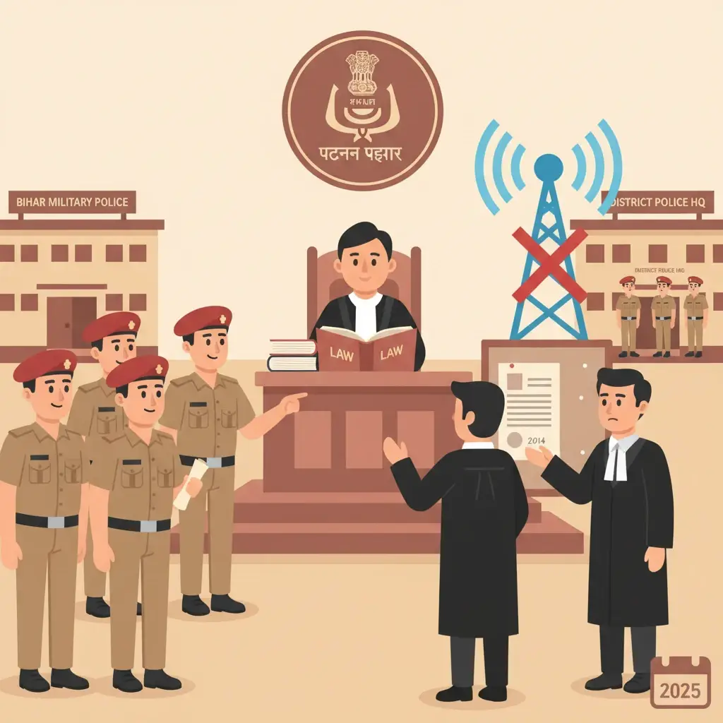 Courtroom scene depicting Patna High Court reviewing constables’ absorption into the radio unit.