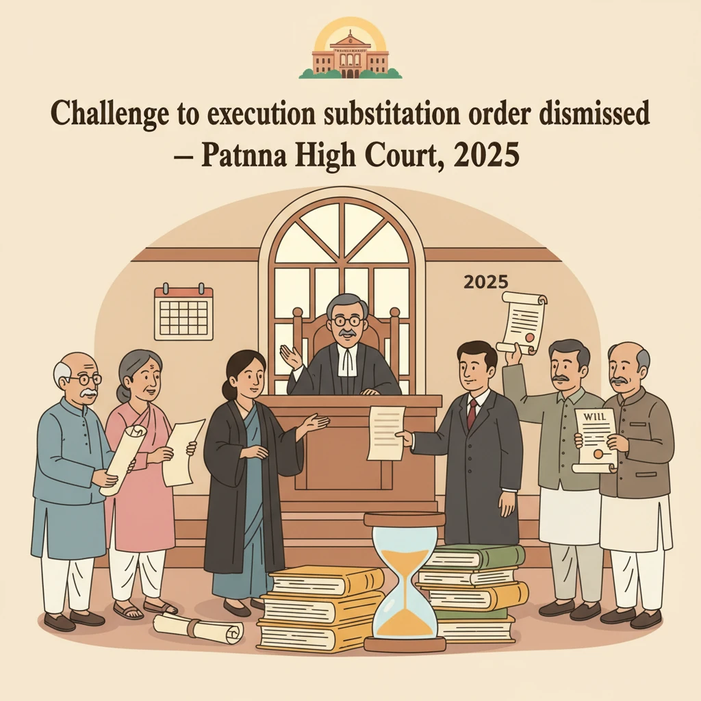 Courtroom illustration showing Patna High Court overseeing an old mortgage execution dispute.