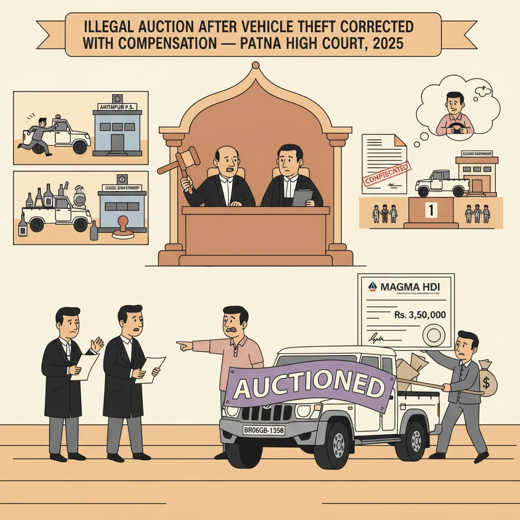 Illustration of Patna High Court reviewing wrongful auction of a seized vehicle.