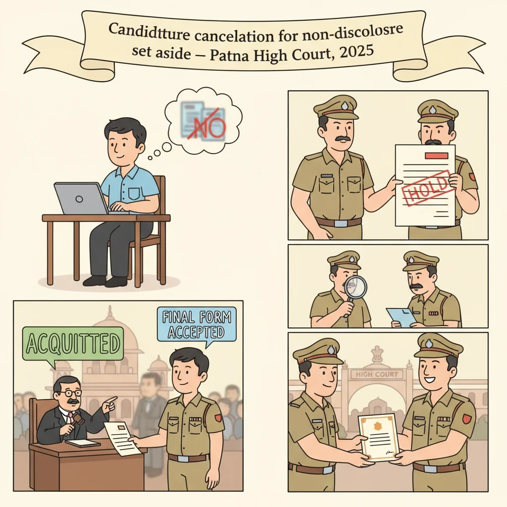 Courtroom scene at Patna High Court illustrating a police recruitment dispute over criminal case disclosure.