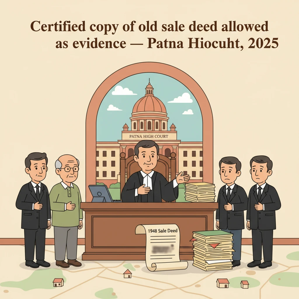 Courtroom scene illustrating Patna High Court hearing on certified copy of sale deed in a land dispute.