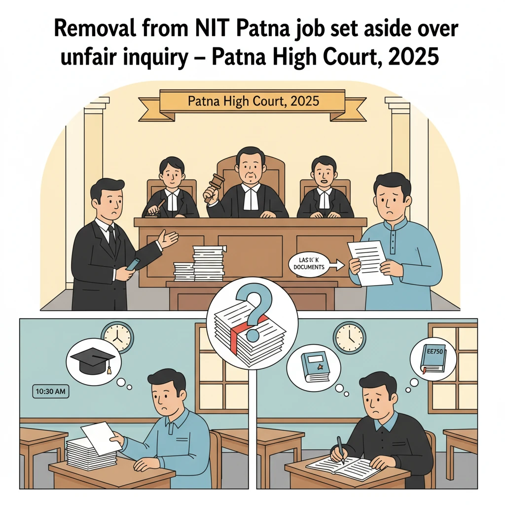 Patna High Court courtroom scene depicting review of a teacher’s dismissal from NIT Patna.