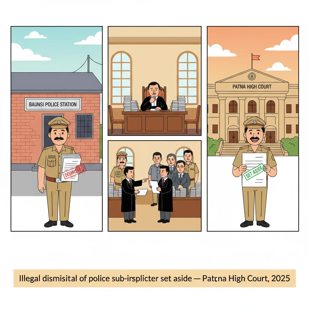 Courtroom scene depicting Patna High Court reviewing a police disciplinary dismissal.