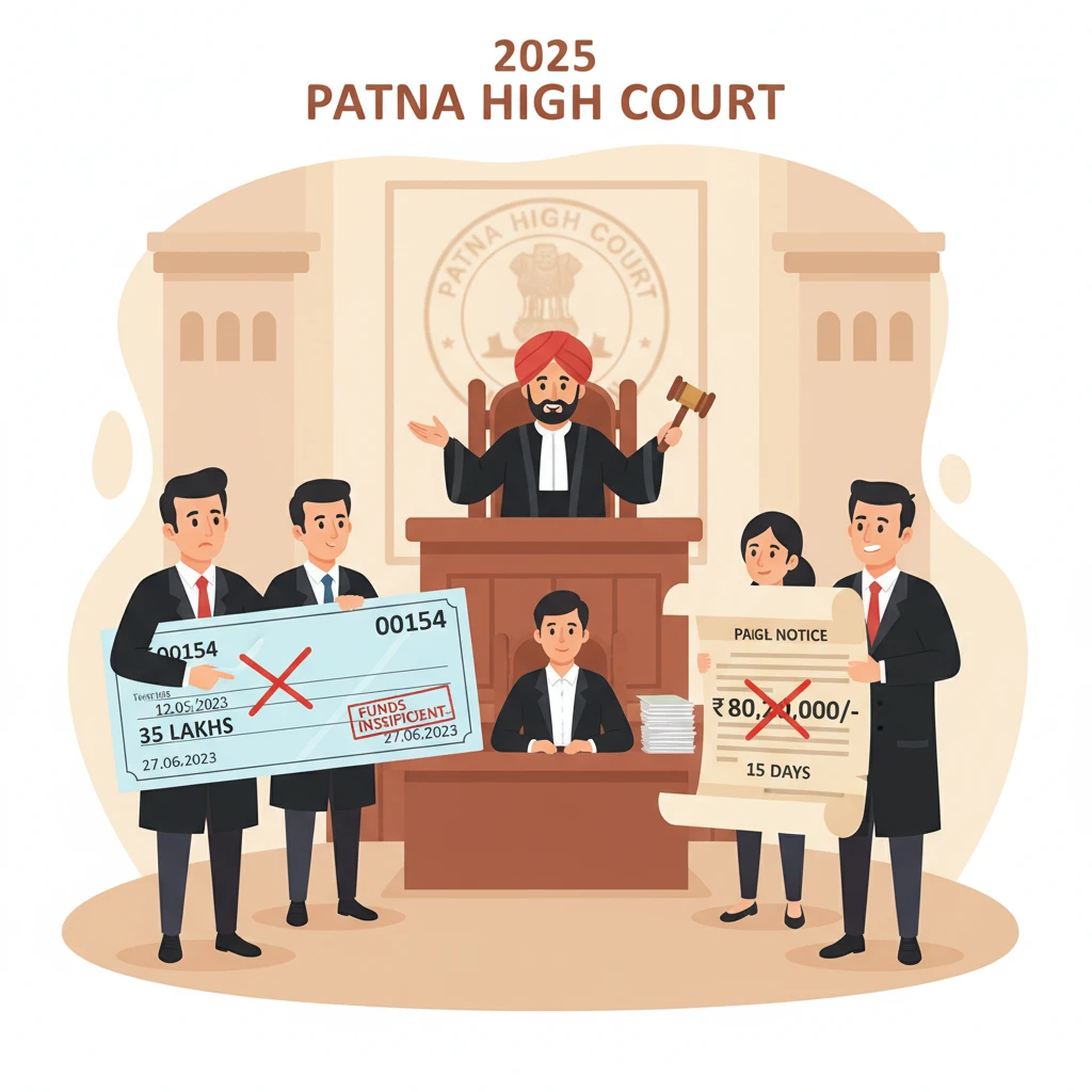 Courtroom illustration showing Patna High Court examining a cheque bounce notice.