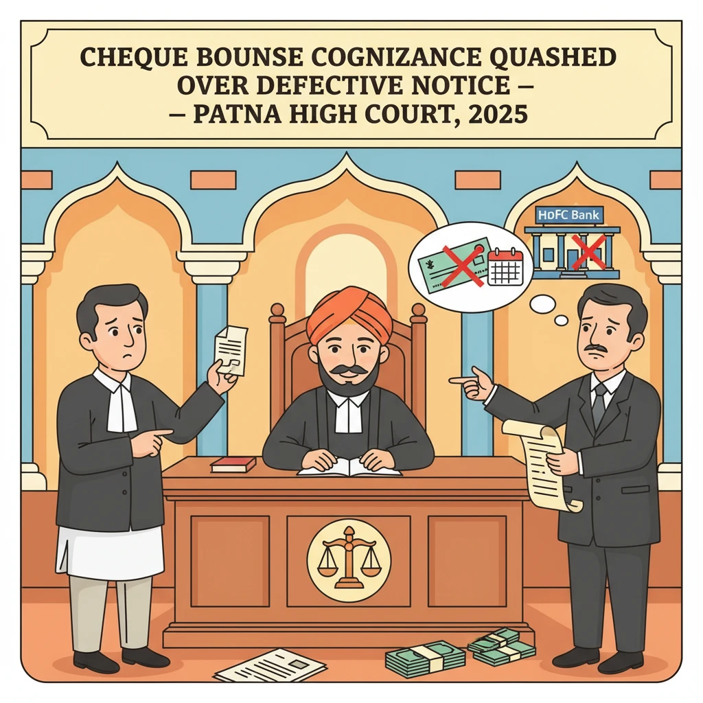 Courtroom illustration showing Patna High Court examining a cheque bounce notice.