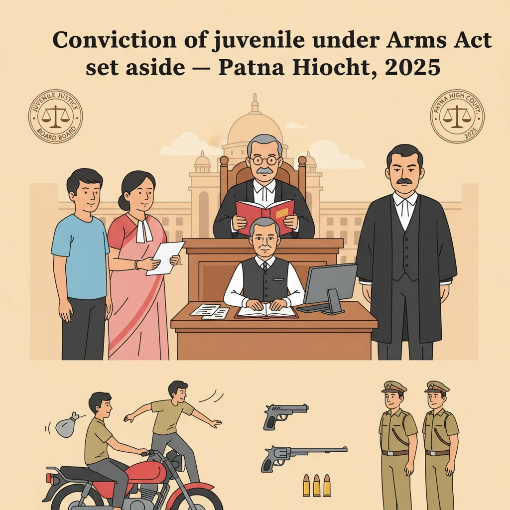 Courtroom scene illustrating Patna High Court scrutiny of juvenile Arms Act conviction.