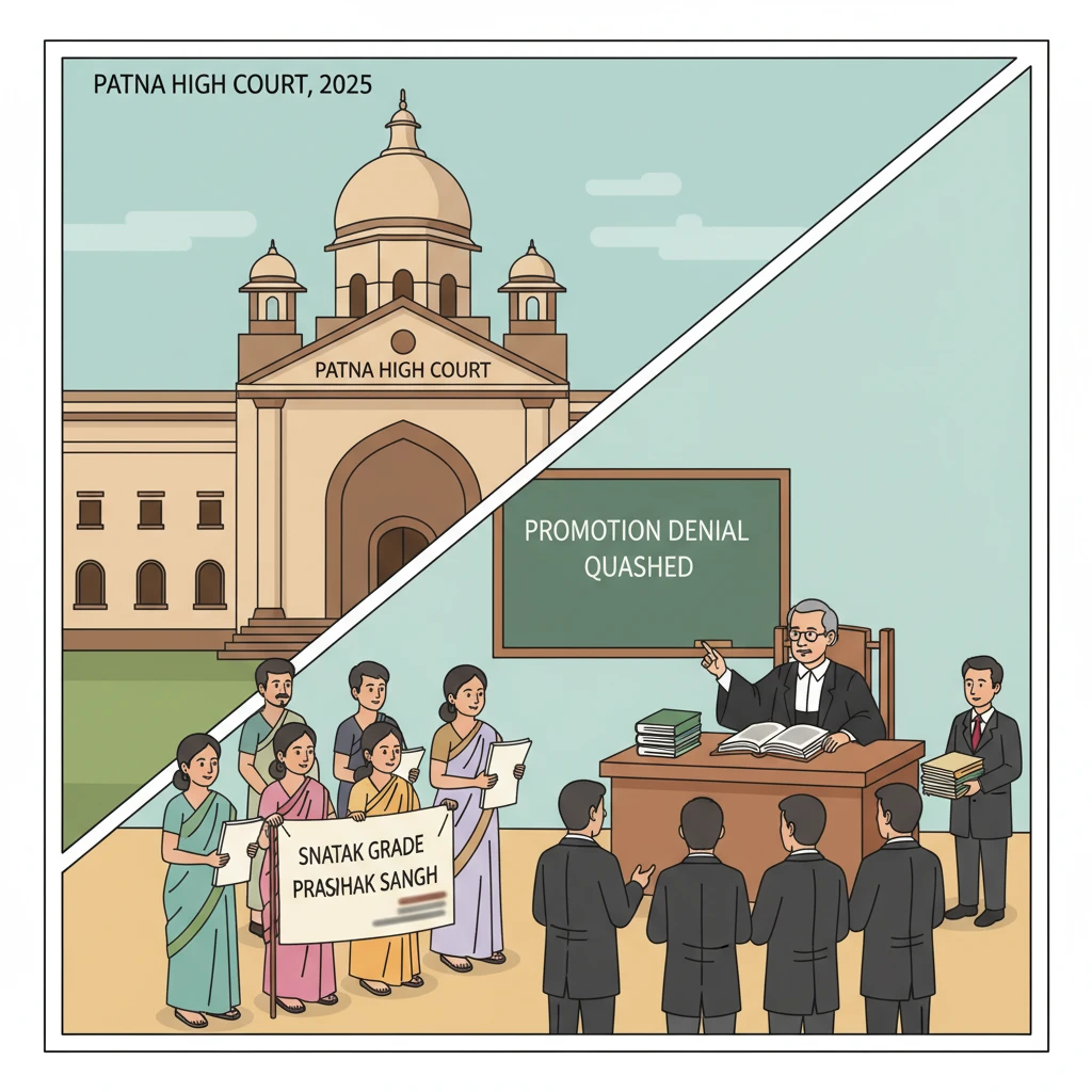 Illustration of Patna High Court reviewing promotion claims of Bihar block and Panchayat teachers.