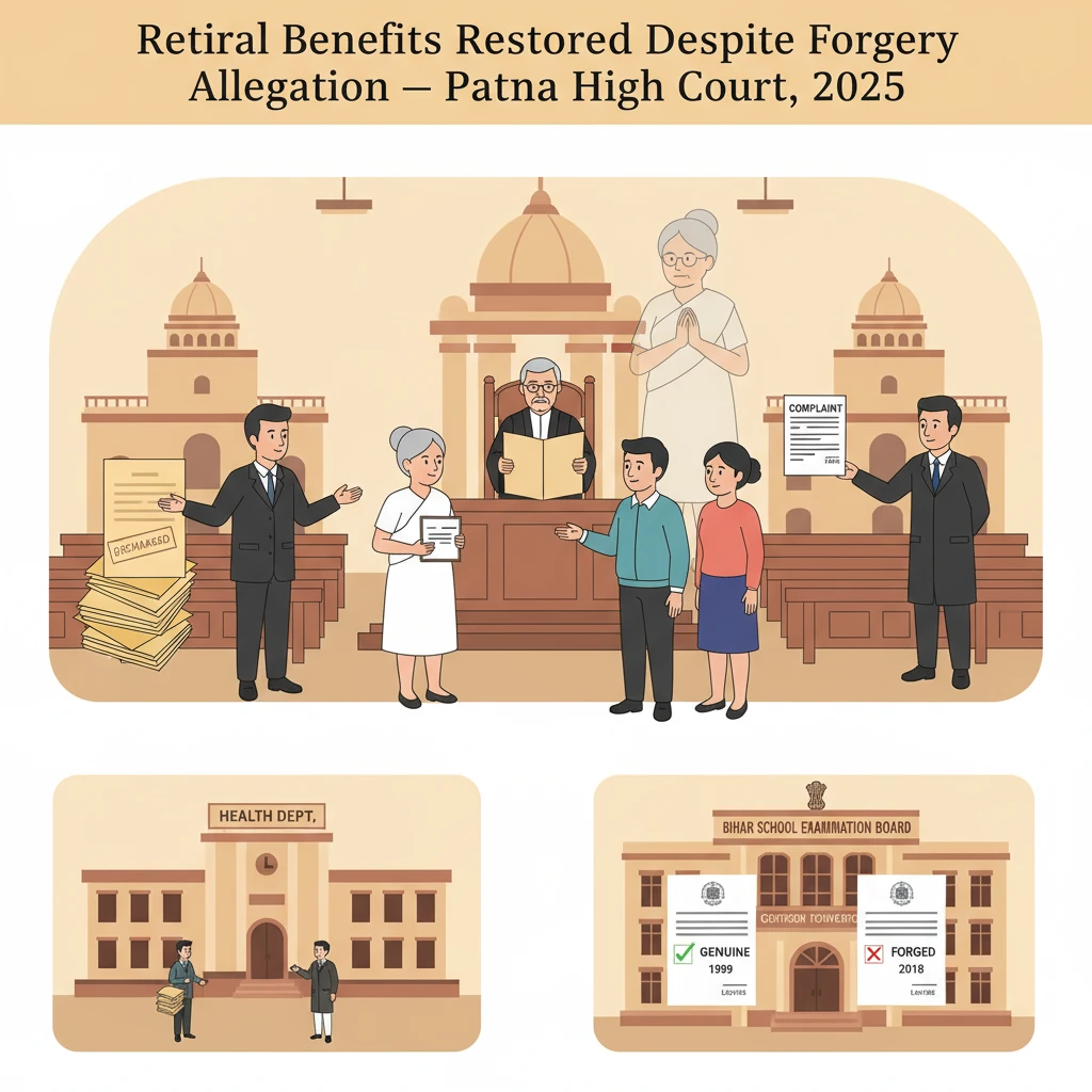 Patna High Court building illustrating a case on retiral benefits and alleged forged certificates.