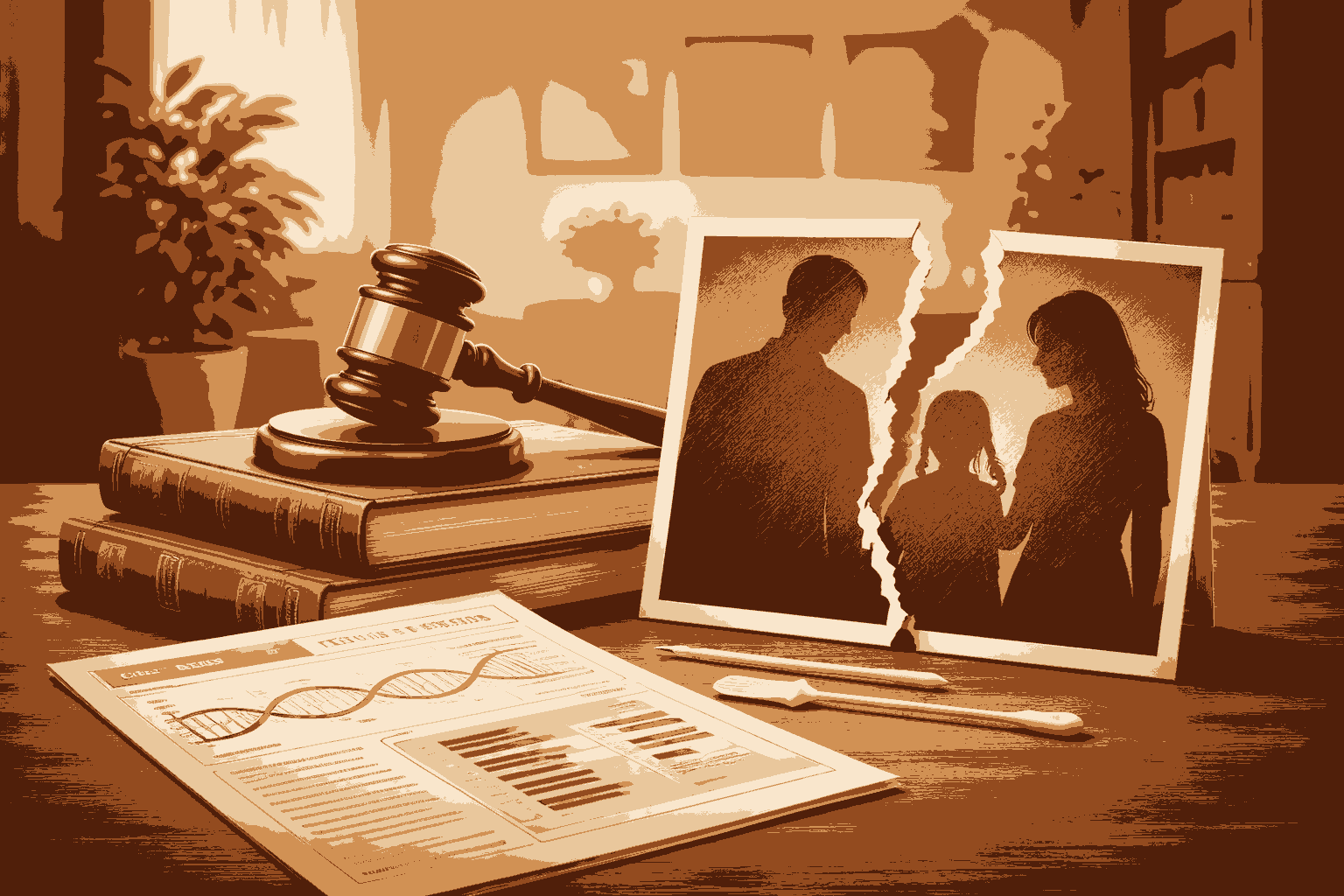 Symbolic image of family law dispute with gavel, law books, DNA report, and torn family photo representing Patna High Court judgment on adultery case.