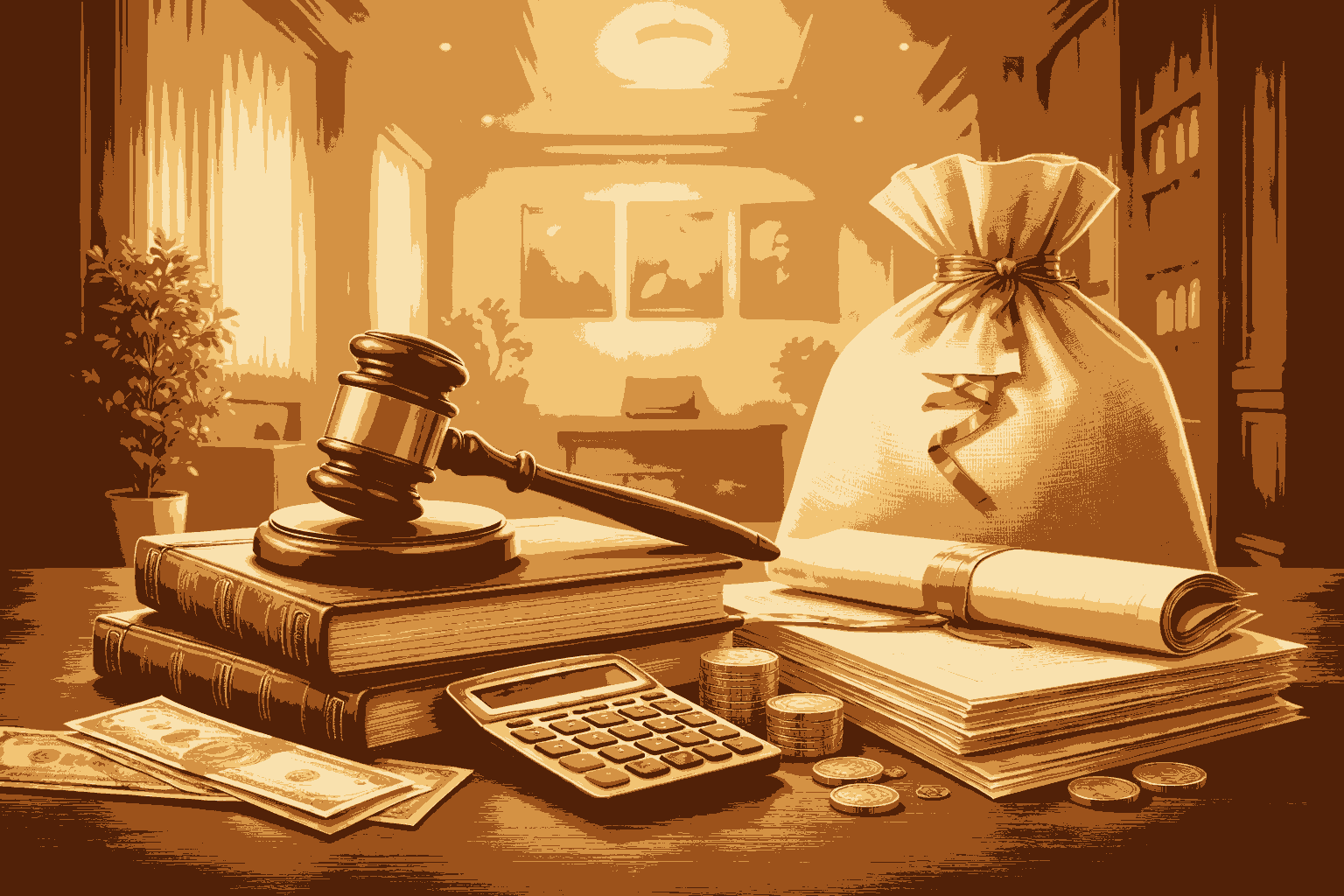 Illustration of legal and financial balance with law books, coins, and gavel symbolizing gratuity payment judgment by Patna High Court.