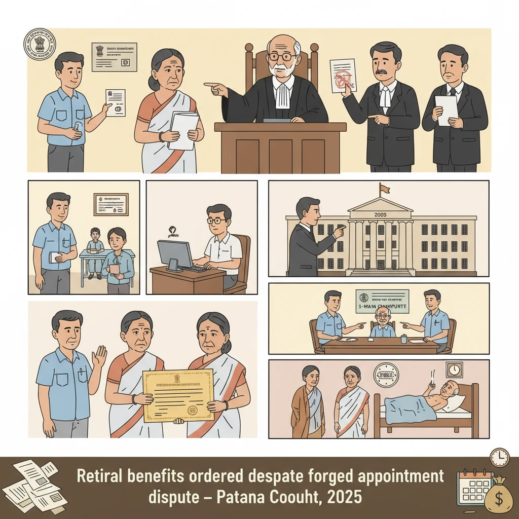 Courtroom-themed illustration showing a widow seeking retiral benefits in the Patna High Court.