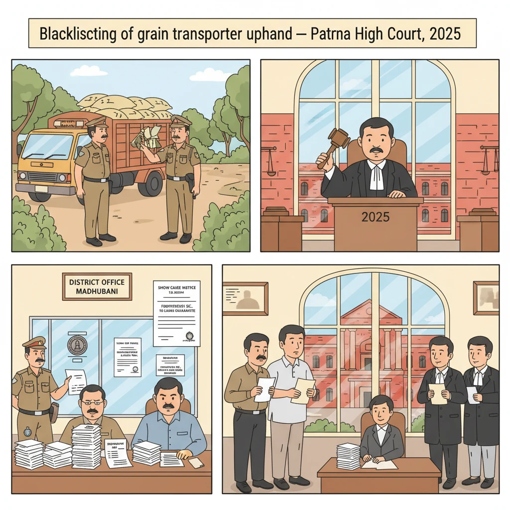 Courtroom illustration showing judges reviewing a foodgrain transport blacklisting dispute.