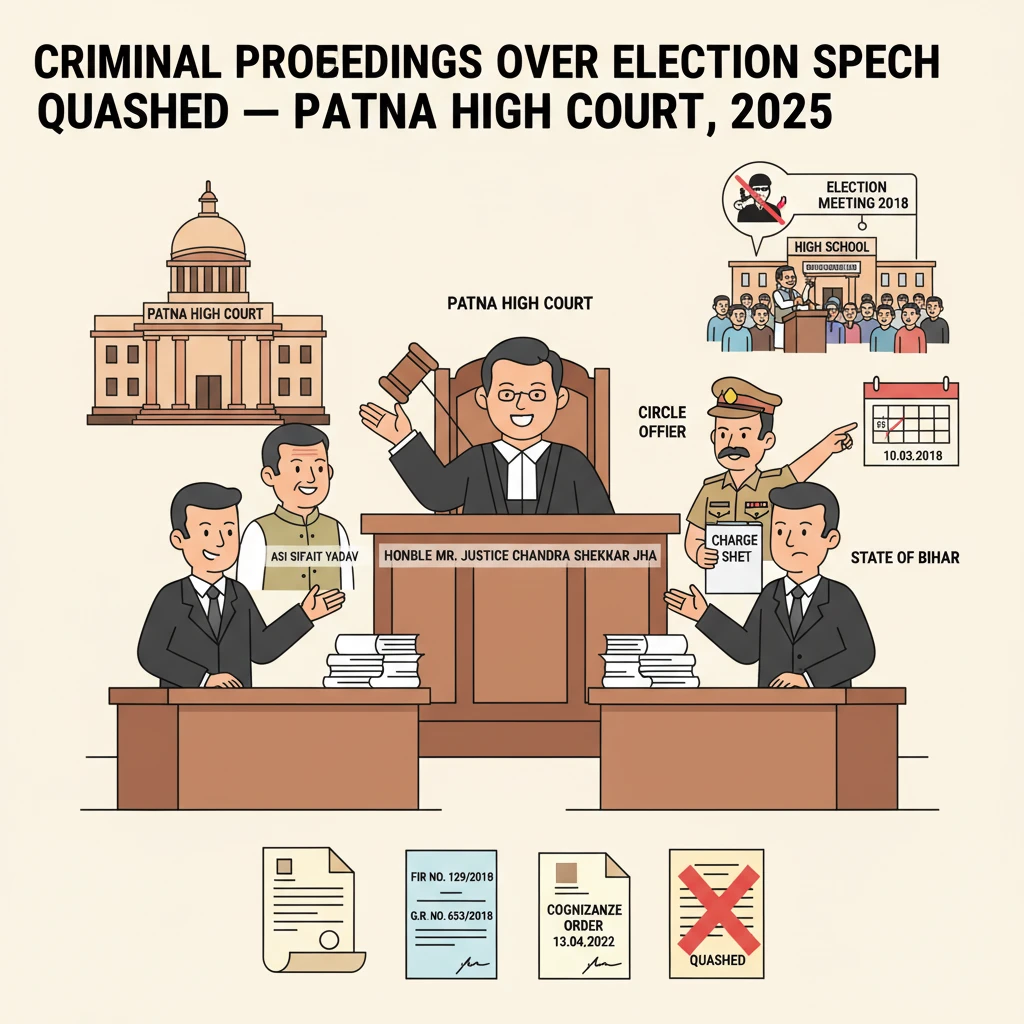 A courtroom scene at Patna High Court depicting judges reviewing a criminal case from an election meeting.