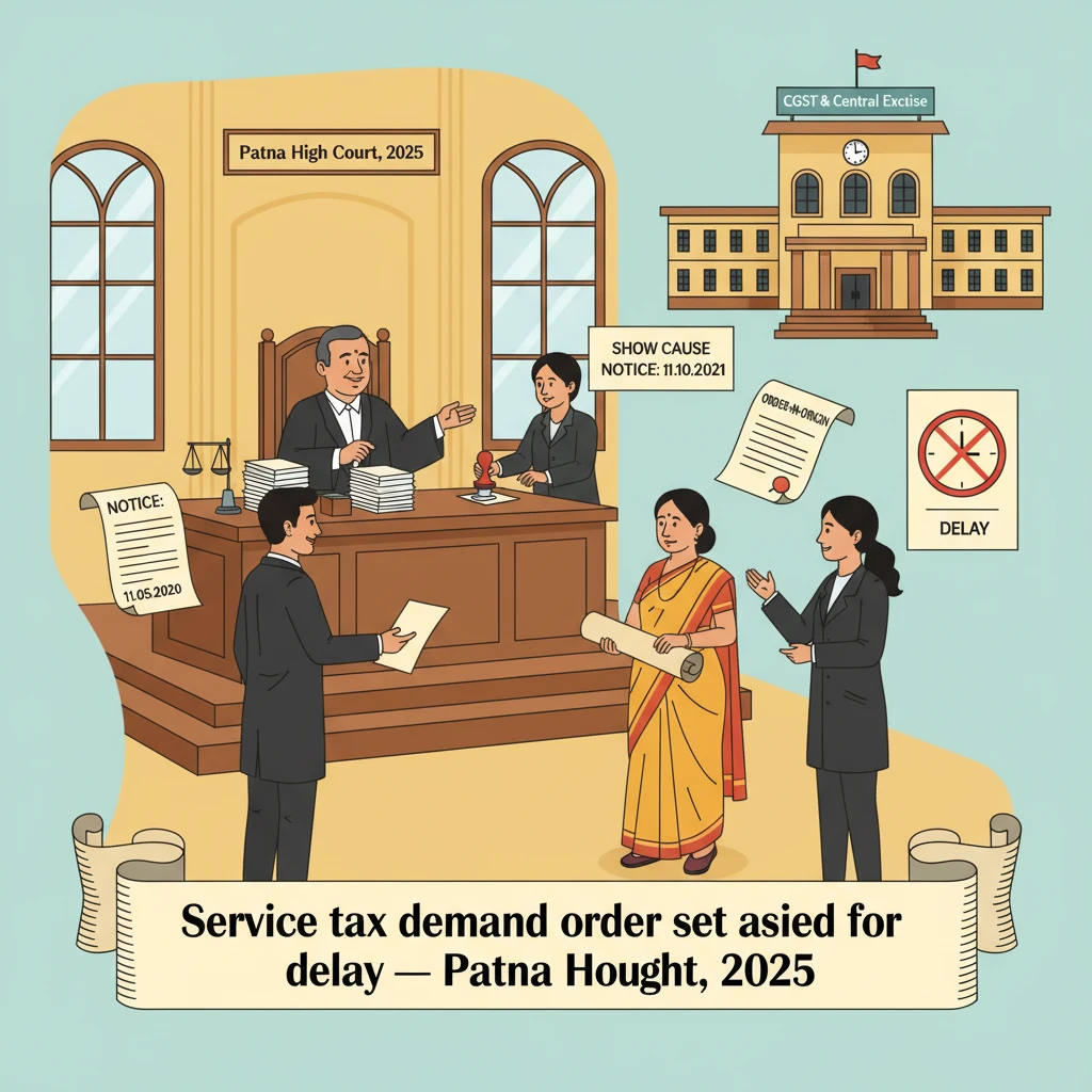 A courtroom setting depicting the Patna High Court reviewing a delayed service tax demand case.